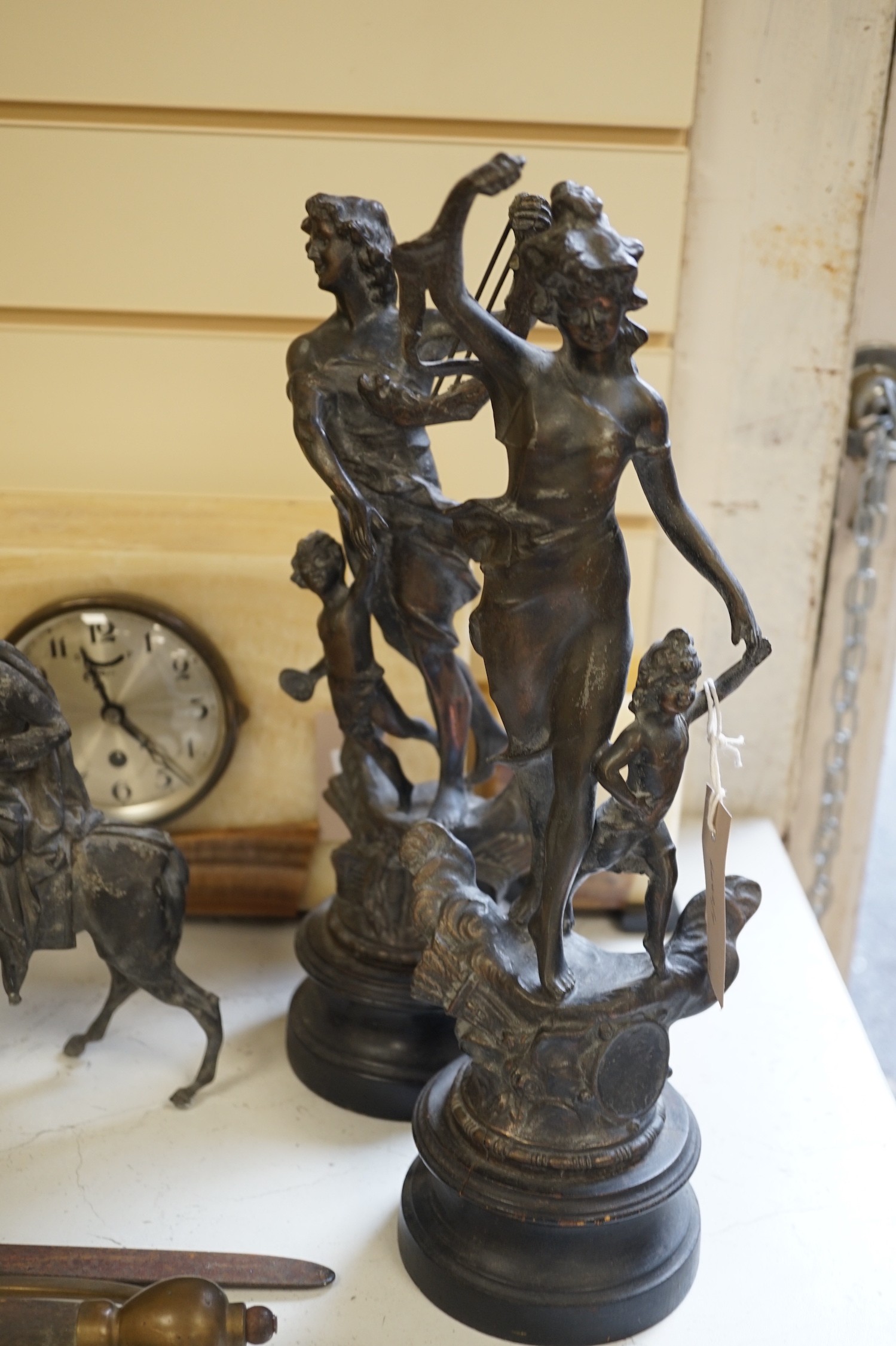A pair of spelter figures and two others, tallest 40cm